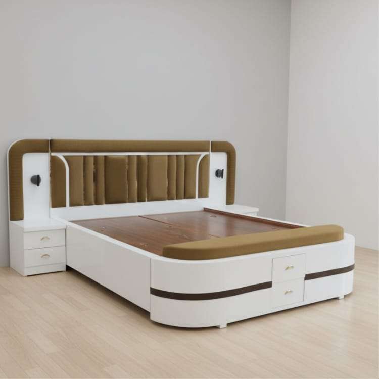 Premium Yellow King Size Bed with Designer Headboard and Storage